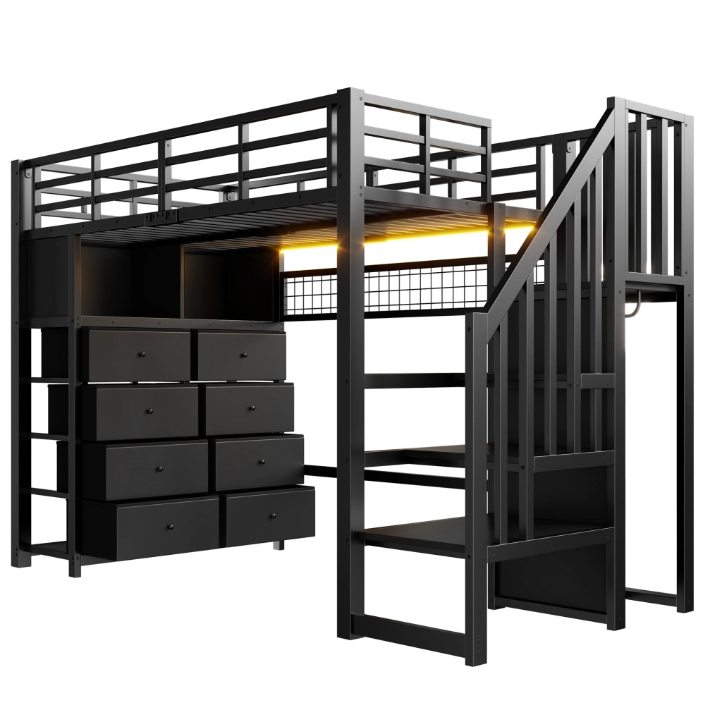 Letto a soppalco 90x200 cm con 8 cassetti e LED in MDF e metallo nero