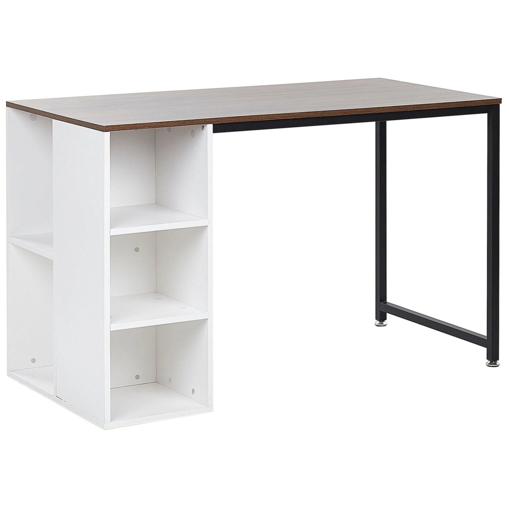 Scrivania da casa Piano in legno scuro Gamba in acciaio in metallo Nero Ripiani bianchi Contenitori 120 x 60 cm
