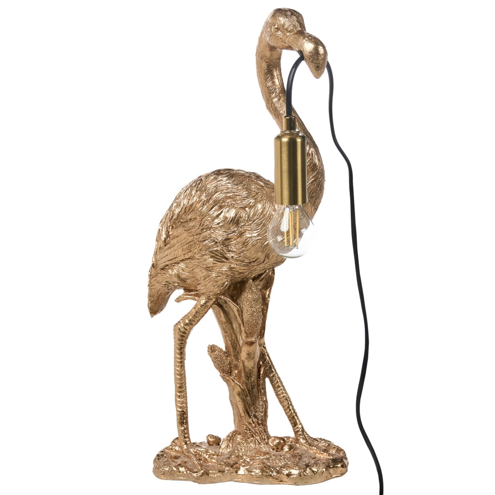 Lampada da tavolo in poliresina dorata a tema animale Luce da comodino Lampada da lettura a forma di fenicottero