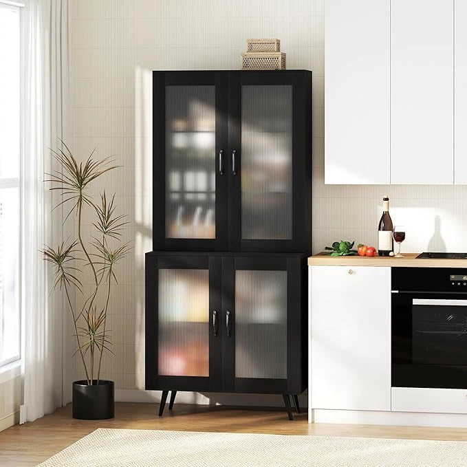 Credenza da Cucina Salvaspazio, Armadio Dispensa con 4 Ante Trasparenti, Ripiano Regolabile e Gambe in Metallo, Mobiletto Alto per Soggiorno e Sala da Pranzo, 80 x 40 x 178,5 cm (Nero)