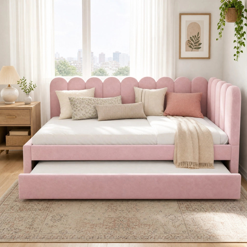 Letto imbottito angolare con letto estraibile 140x200 cm in velluto rosa