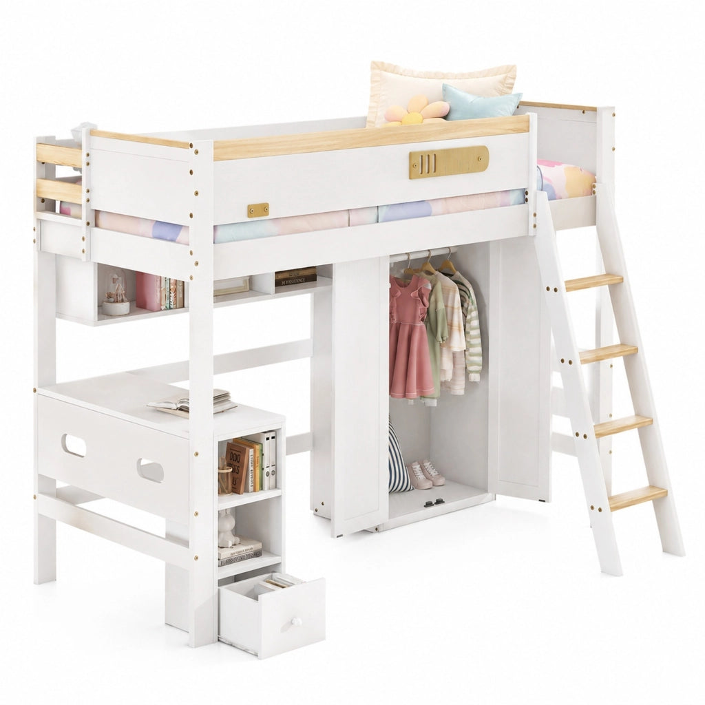 Letto a castello per bambini 90x200 cm con scrivania; armadio e ripiani; bianco e naturale