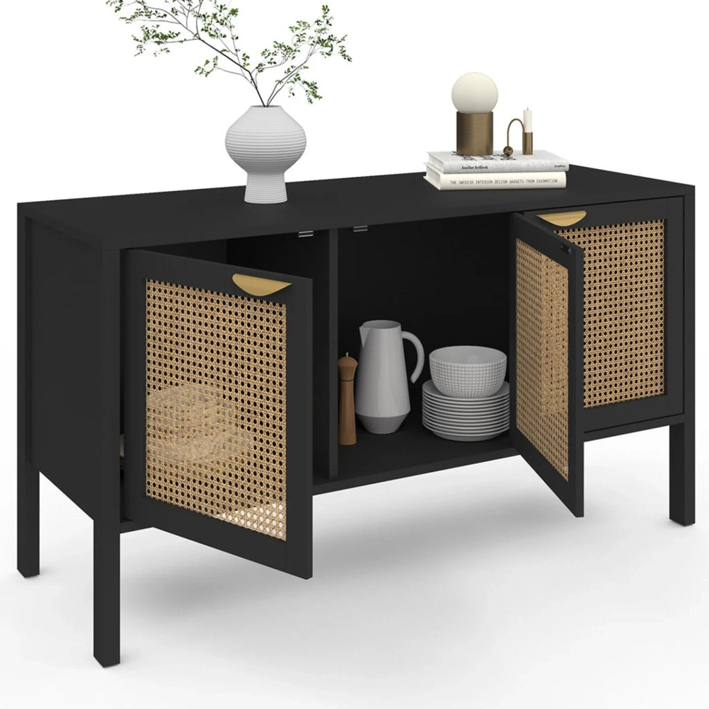 IDMarket - EDHEN 110 cm Credenza bassa a 3 ante in legno nero e canna da zucchero