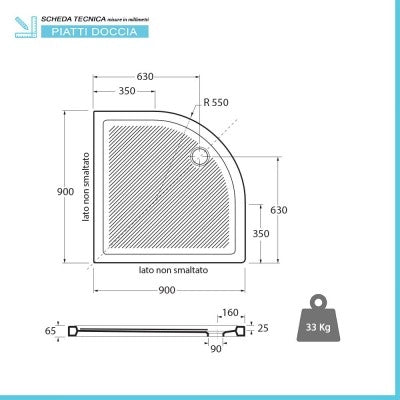 Piatto doccia 90x90 H 6.5 semicircolare in ceramica bianca con antiscivolo Ferdy