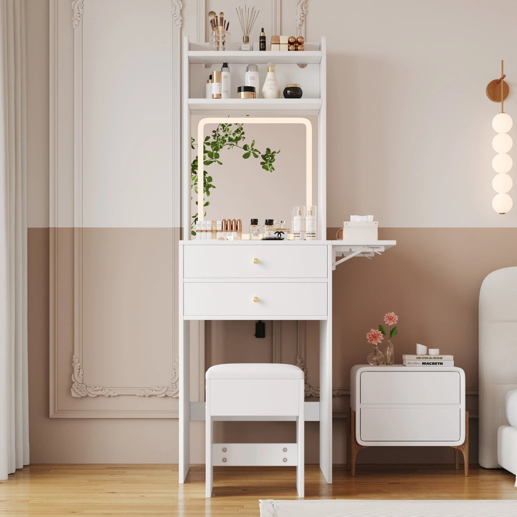 Tavolo da trucco pieghevole con illuminazione LED a 3 tonalit¨¤, 2 cassetti, 2 vani aperti, specchio e sgabello, bianco
