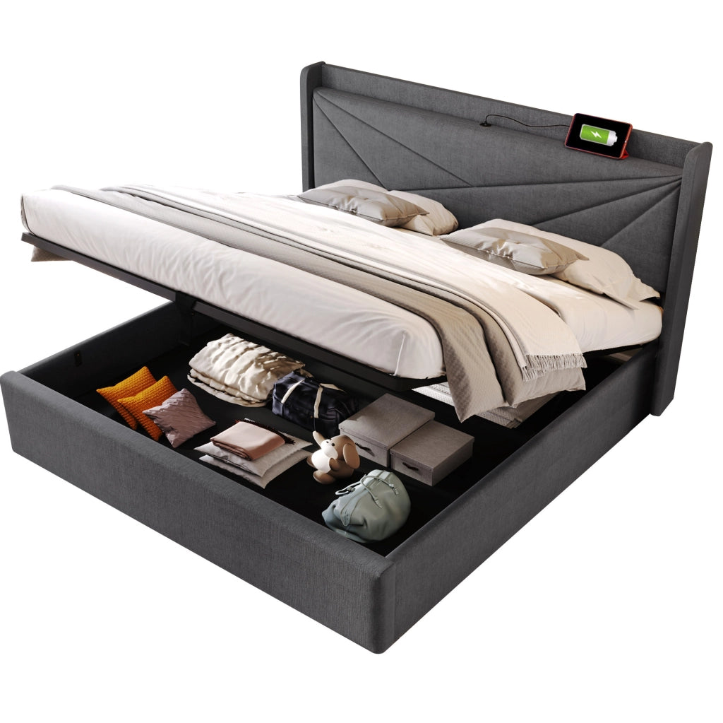 Letto matrimoniale contenitore 140x200 cm in cotone e lino grigio con USB e Type-C