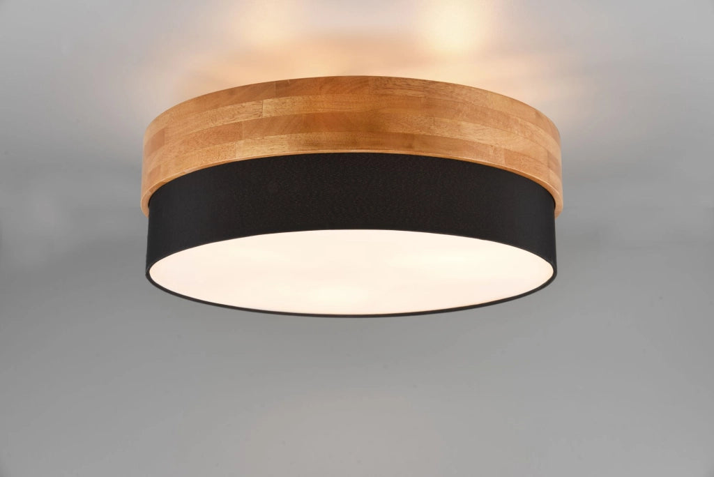 SEASONS PLAFONIERA LEGNO NATURALE E PARALUME NERO D. 50CM 3 LUCI ATTACCO E27