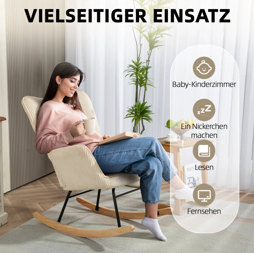 Poltrona a dondolo beige con schienale alto, braccioli e base in legno