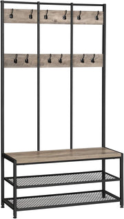 VASAGLE Appendiabiti con Panca Scarpiera, Attaccapanni con 12 Ganci e Ripiani, Scaffale per Corridoio, Ufficio, Camera da Letto, Struttura in Acciaio, Stile Industriale, Greige e Nero HSR086B02