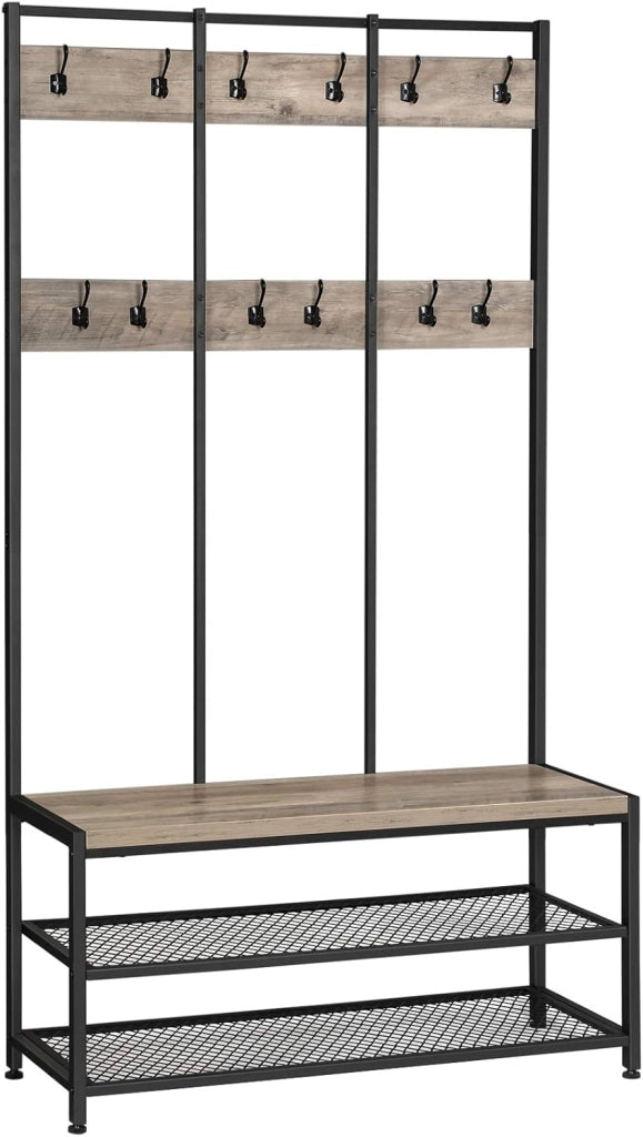 VASAGLE Appendiabiti con Panca Scarpiera, Attaccapanni con 12 Ganci e Ripiani, Scaffale per Corridoio, Ufficio, Camera da Letto, Struttura in Acciaio, Stile Industriale, Greige e Nero HSR086B02