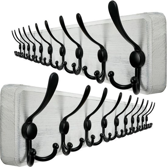 Capocorda in legno, 98cm, 10 ganci a treccia, capocorda per parete, gancio per giacche, sostegno per giacche in legno, per parete, nero e bianco, 2 pezzi