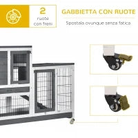 Conigliera in Legno con Ruote, Vassoi Estraibili e Casetta con Rampa, 110x50x88 cm, Grigio e Bianco