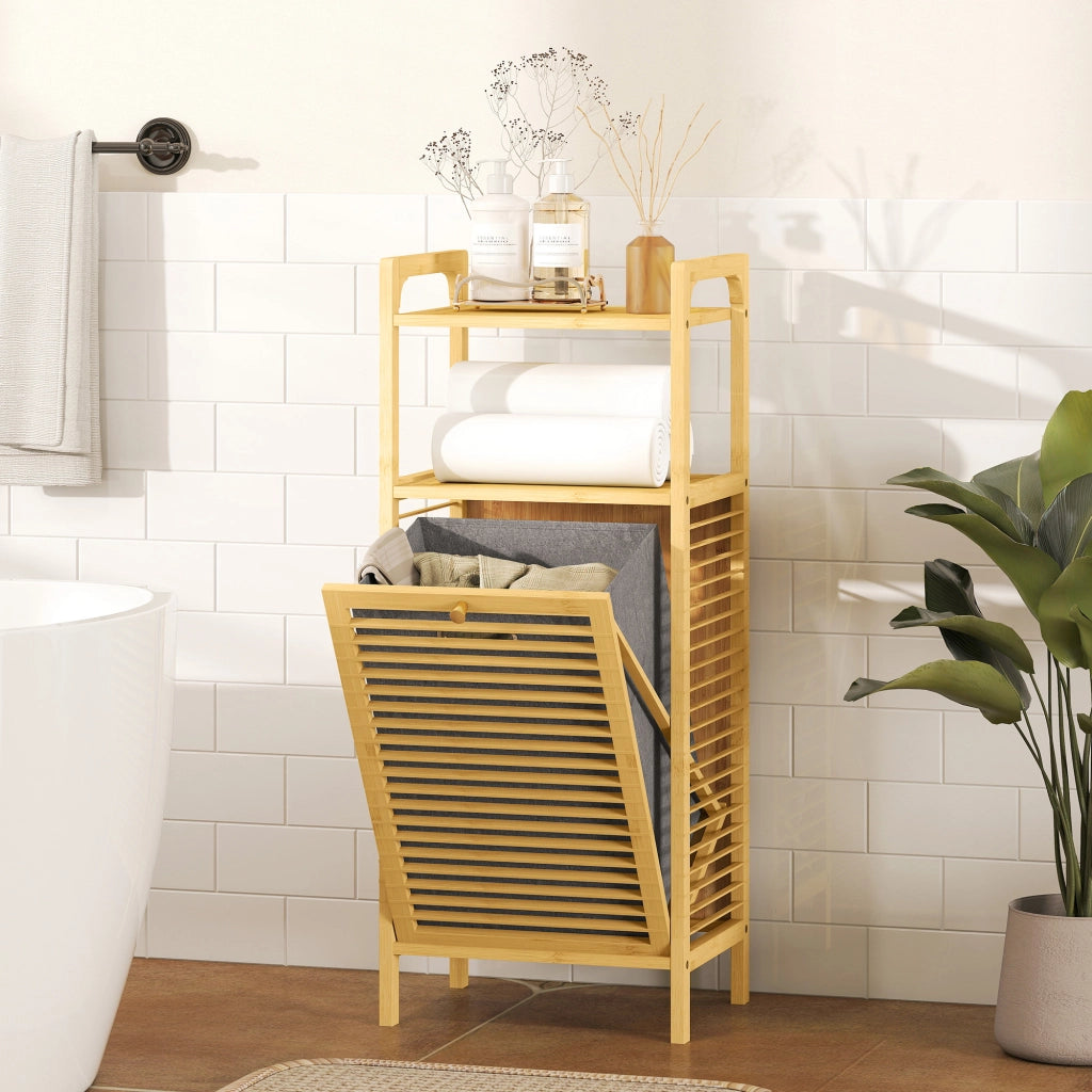 Armadietto Bagno Stretto Bambu con Ripiani e Cestello Estraibile ¨C zephmum ¨C 40x30x95 cm Naturale