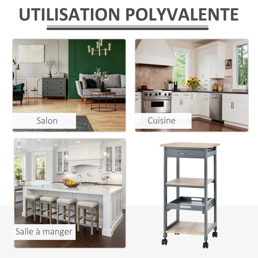Carrello da cucina con ruote ¨C Xylo ¨C 2 ripiani + vassoio rimovibile + cassetto legno pino MDF grigio rovere chiaro