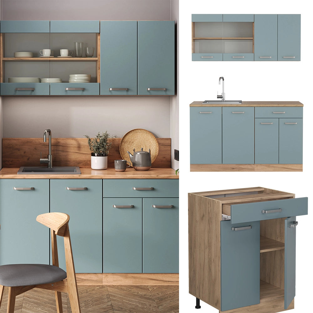 Vicco Cucina monoblocco Rovere blu-grigio/oro 140 cm , PL Marmo