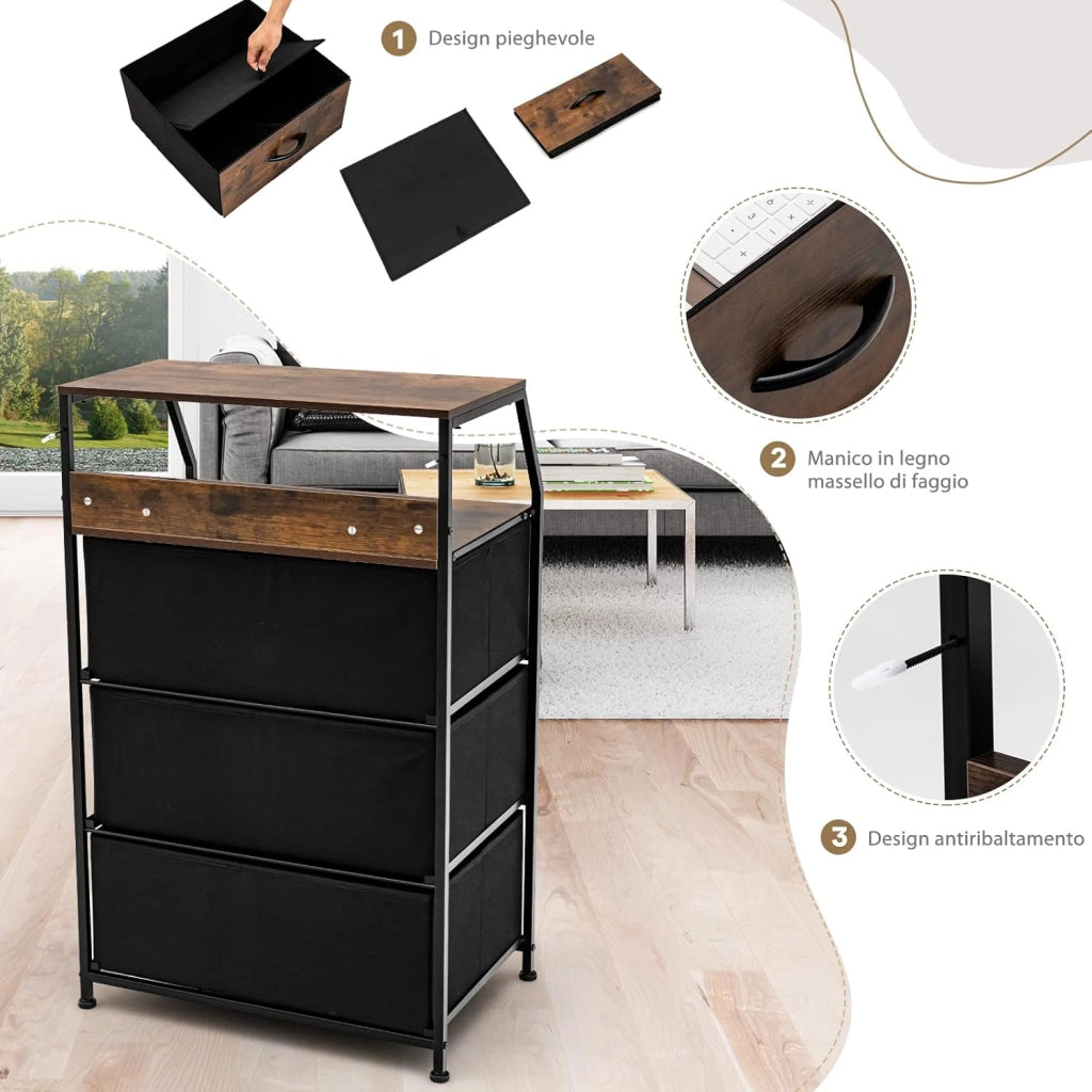 Cassettiera con 3 Cassetti Rimovibili, Ripiano Superiore e Struttura Solida in Acciaio, Mobile con Cassetti per Camera da Letto Soggiorno e Studio, 45 x 29,5 x 92 cm