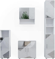 Set mobili bagno Irma, Bianco lucido con inserti, 80 cm, composto da mobile lavabo, pensile a specchio, colonna e base media
