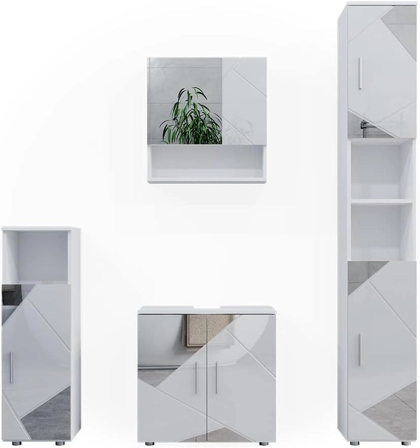 Set mobili bagno Irma, Bianco lucido con inserti, 80 cm, composto da mobile lavabo, pensile a specchio, colonna e base media