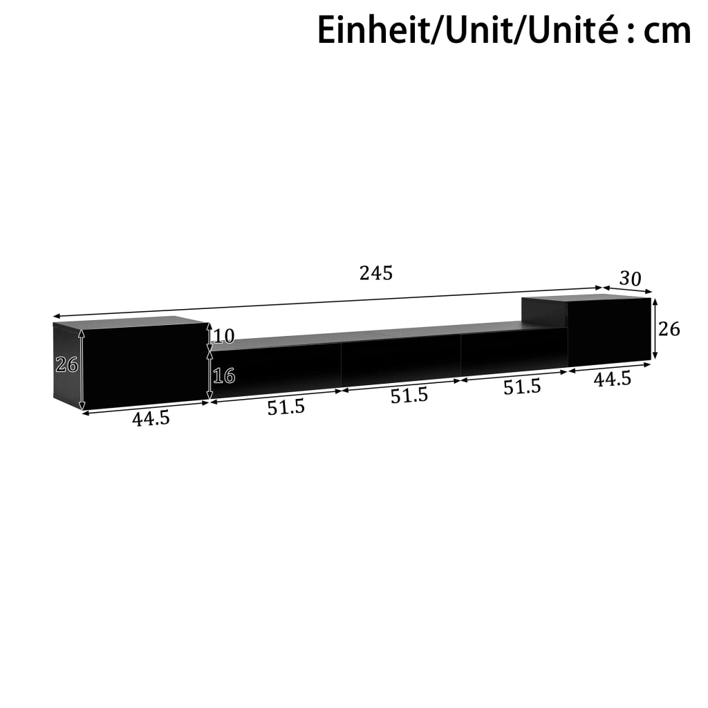 Mobile porta TV sospeso con 2 ante a battente, 3 ante a ribalta e LED app, per soggiorno, nero, 245 × 30 × 26 cm
