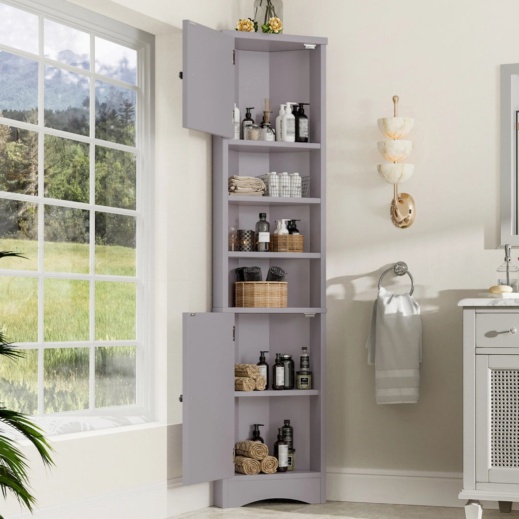 Armadietto da bagno angolare con 2 ante e 3 vani aperti, ripiani regolabili, in MDF, grigio, per bagno
