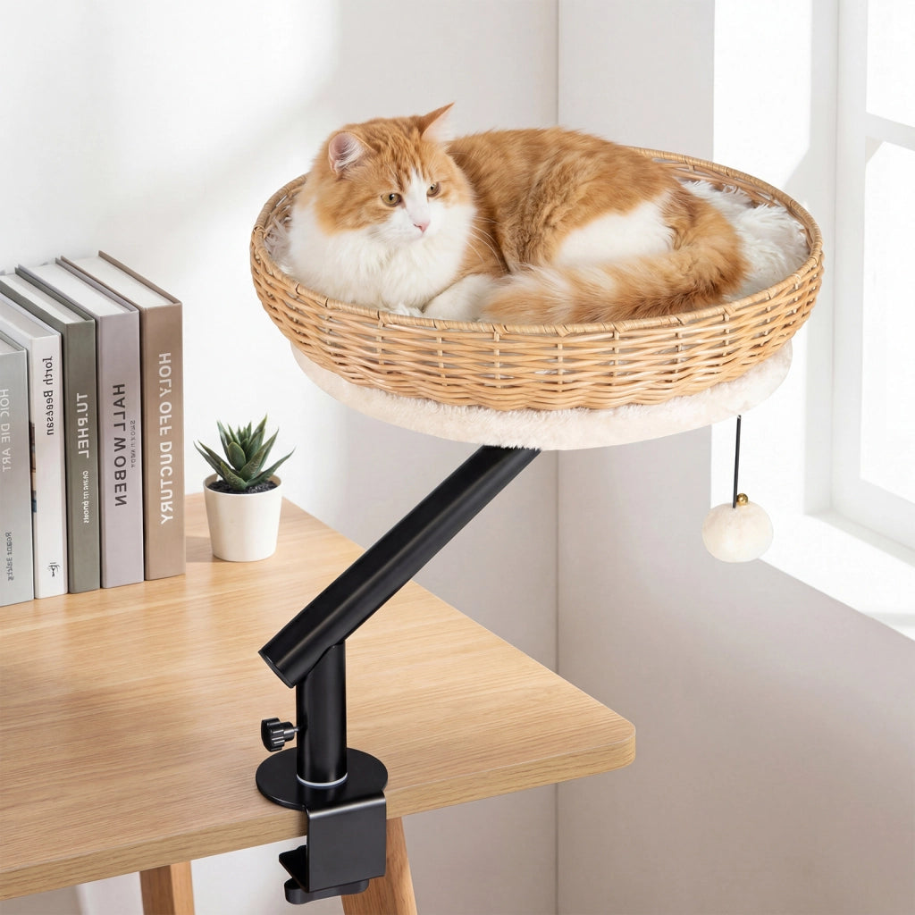 Letto per gatti da scrivania girevole 360¡ã cuccia per gatti in rattan pe, Cuccia salvaspazio amaca con morsetto per ufficio e casa Bianco