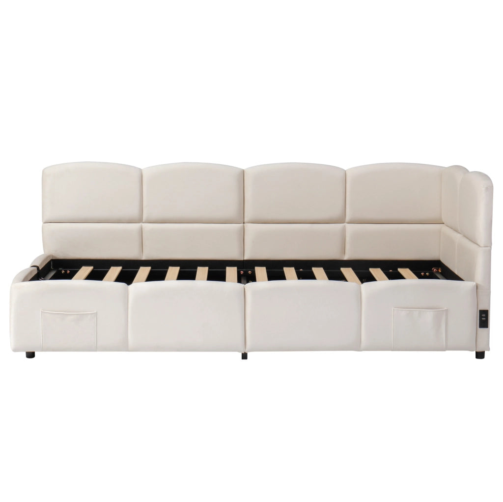 Divano letto con contenitore idraulico 90x200 cm in velluto beige; con USB-A e USB-C