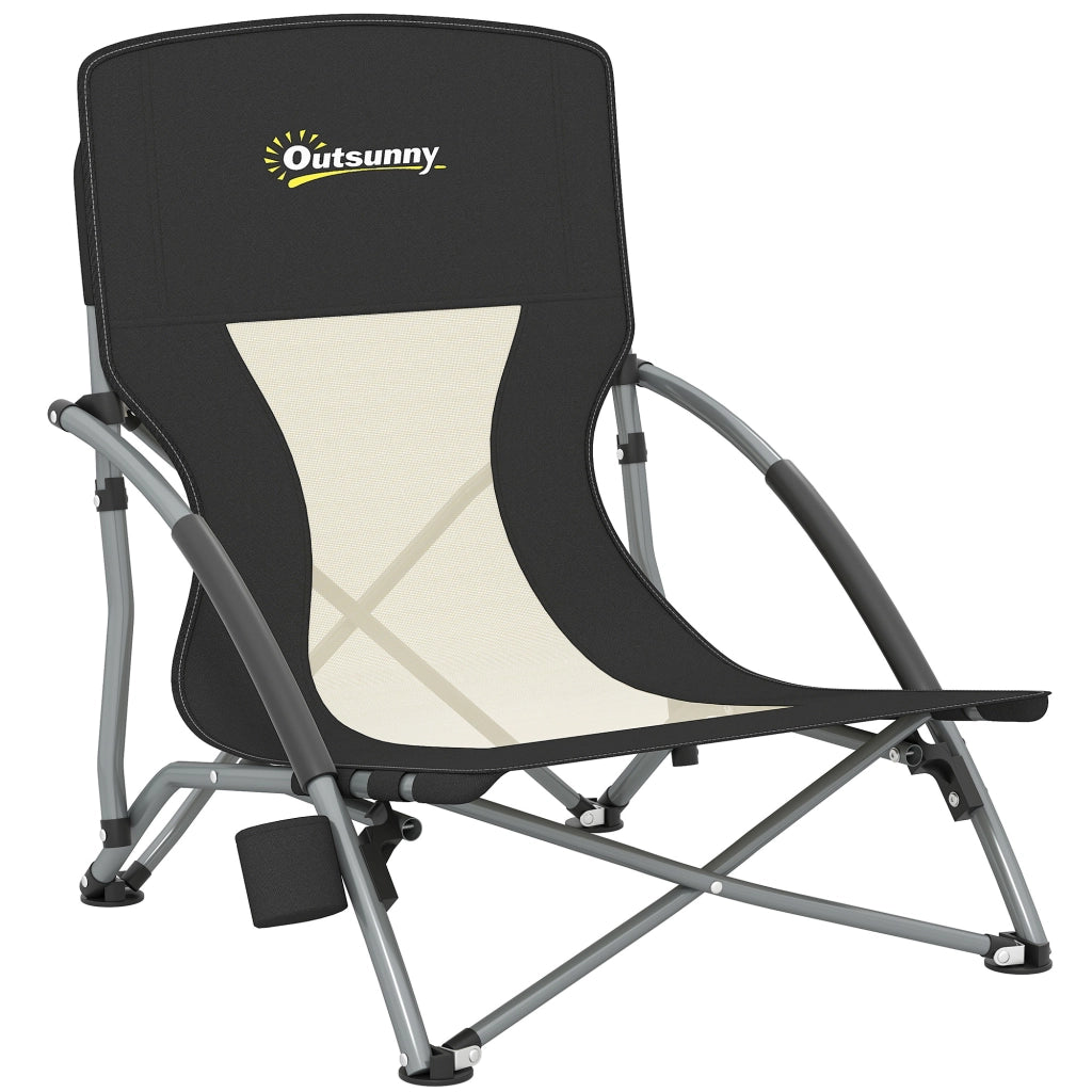 Sedia da Spiaggia Pieghevole con Schienale a Rete e Portabicchieri, in Metallo e Tessuto Oxford, 58x55x62 cm, Nero