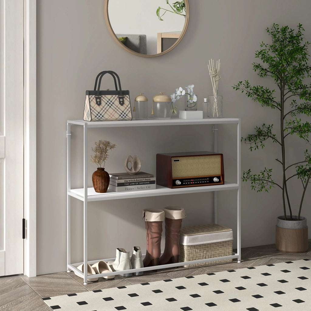 Tavolo Consolle da Ingresso con Ripiano Aperto 100x30x87 cm in Acciaio e Truciolato Bianco