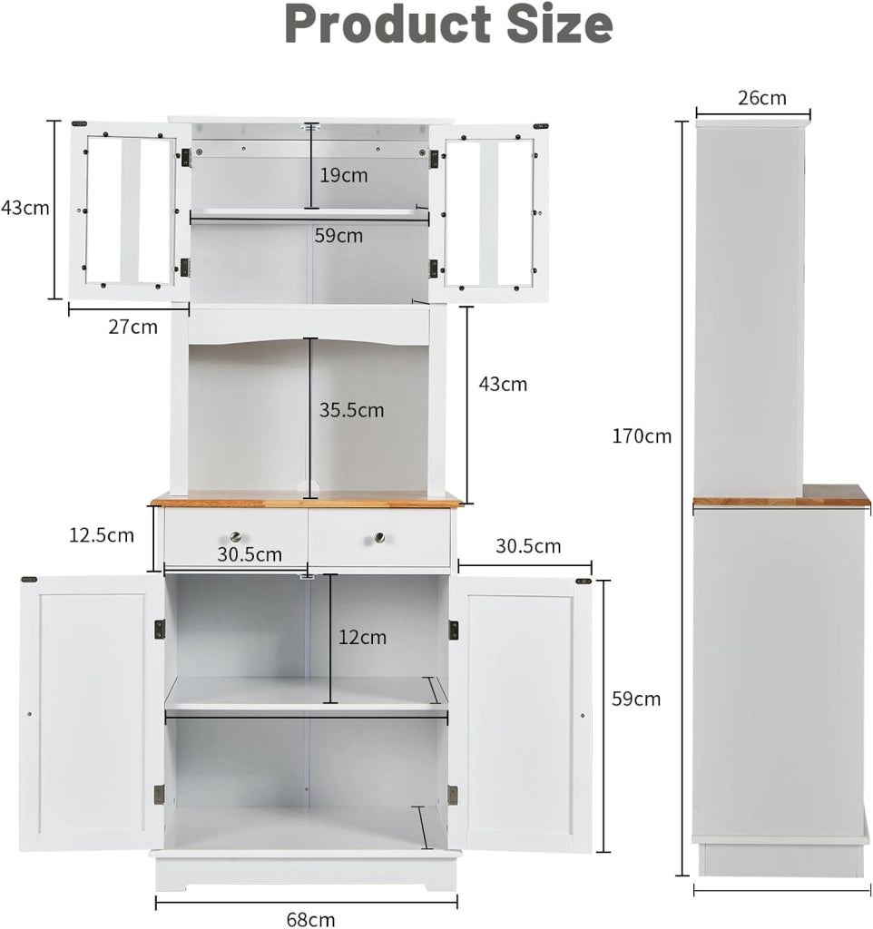 Credenza Alta da Cucina 170 cm con Ante e 2 Cassetti, Mobile Portaoggetti con Dispositivo Antiribaltamento e Ripiani Regolabili, Armadio a Buffet per Sala da Pranzo, Soggiorno (Bianco)