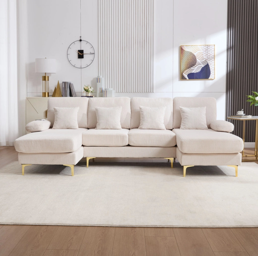 Divano a U in velluto beige con LED e porta USB