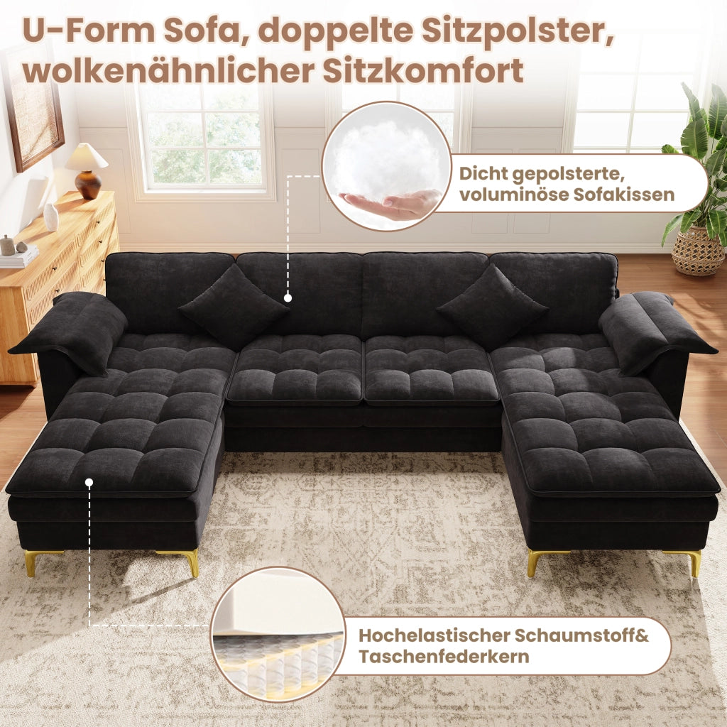 Divano angolare a U modulare con 2 chaise longue e cuscini in ciniglia nera per soggiorno 262 × 134 × 86 cm