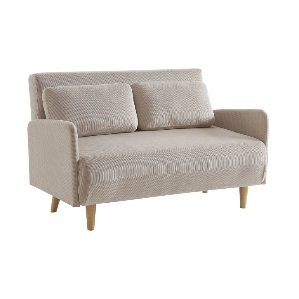 Divano letto in velluto a coste con gambe in legno, 2 posti, beige