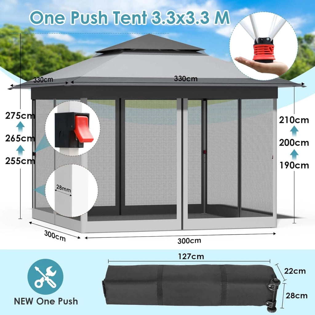 Gazebo pieghevole 3,3x3,3 m, con 4 pannelli laterali in zanzariera, One Push tenda con doppio tetto, Gazebo impermeabile da giardino 4 PCS Sacchi di Sabbia, per mercato/campeggio/spiaggia, Grigio