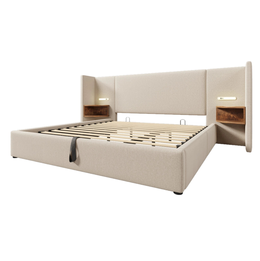 Letto contenitore 180x200 cm beige con libreria laterale, luce touch e ricarica USB-C