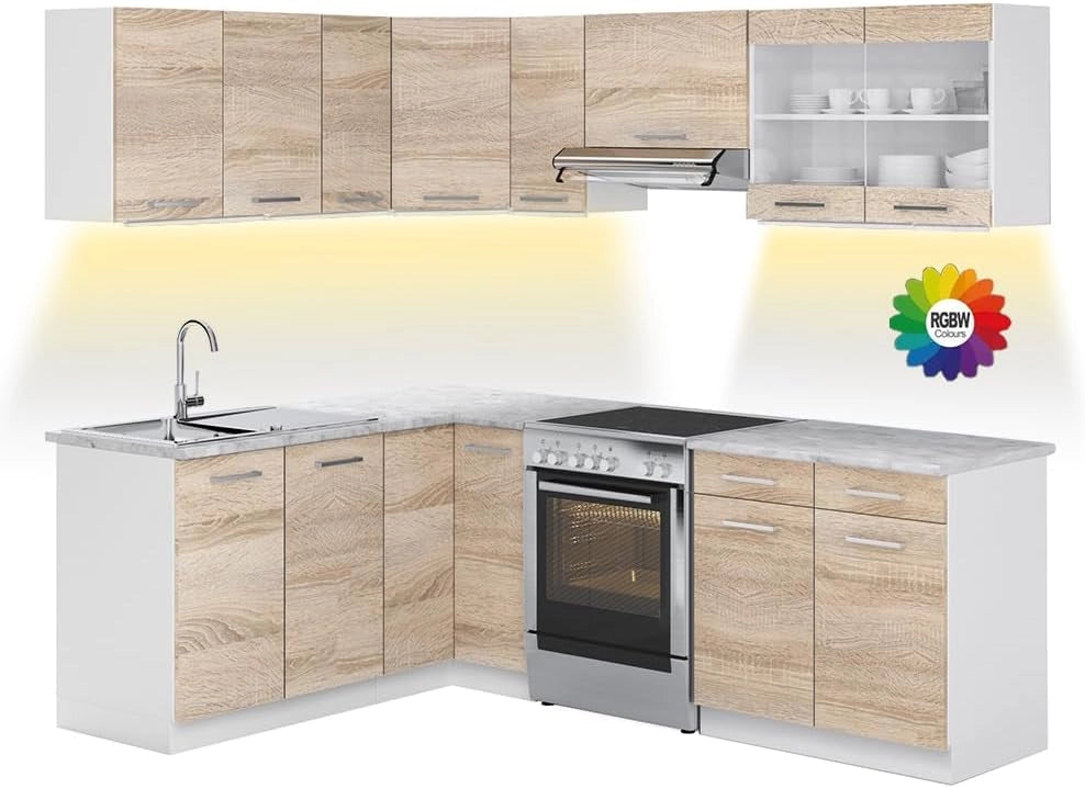 Cucina ad angolo Rick, Bianco/Sonoma, 230 x 60 cm, PL Marmo, con moduli regolabili e piedini ad altezza variabile