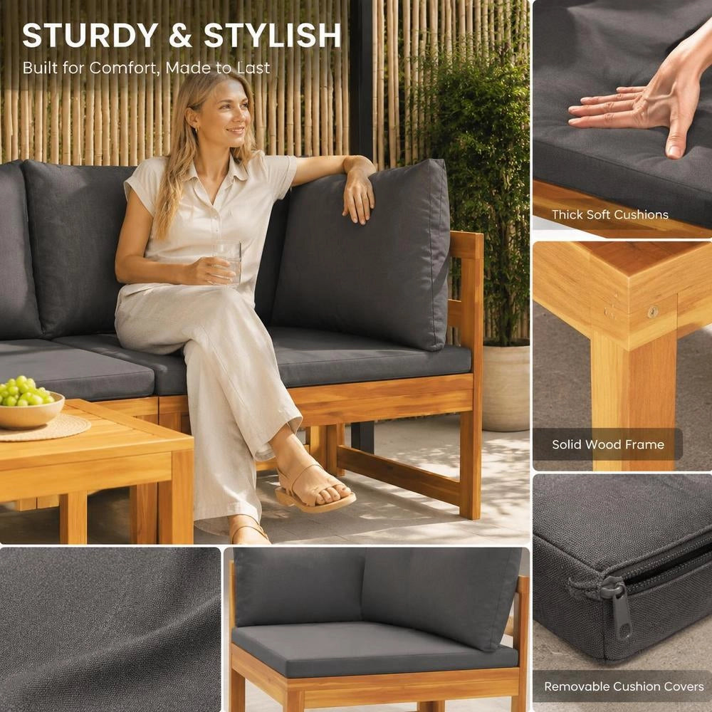 Corner Sofa With Dark Grey Cushions, Solid Acacia Wood