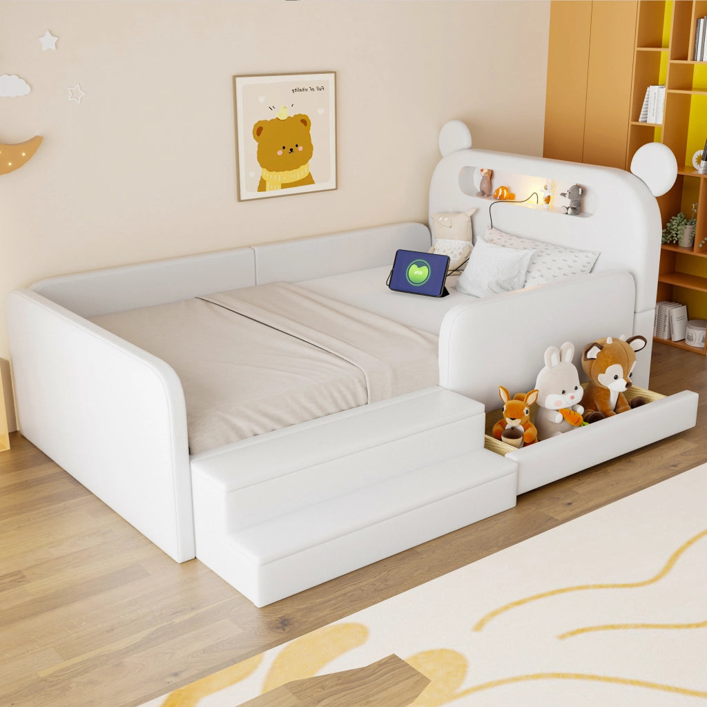 Letto imbottito per bambini con testiera a orso e USB, 90x200 cm, bianco