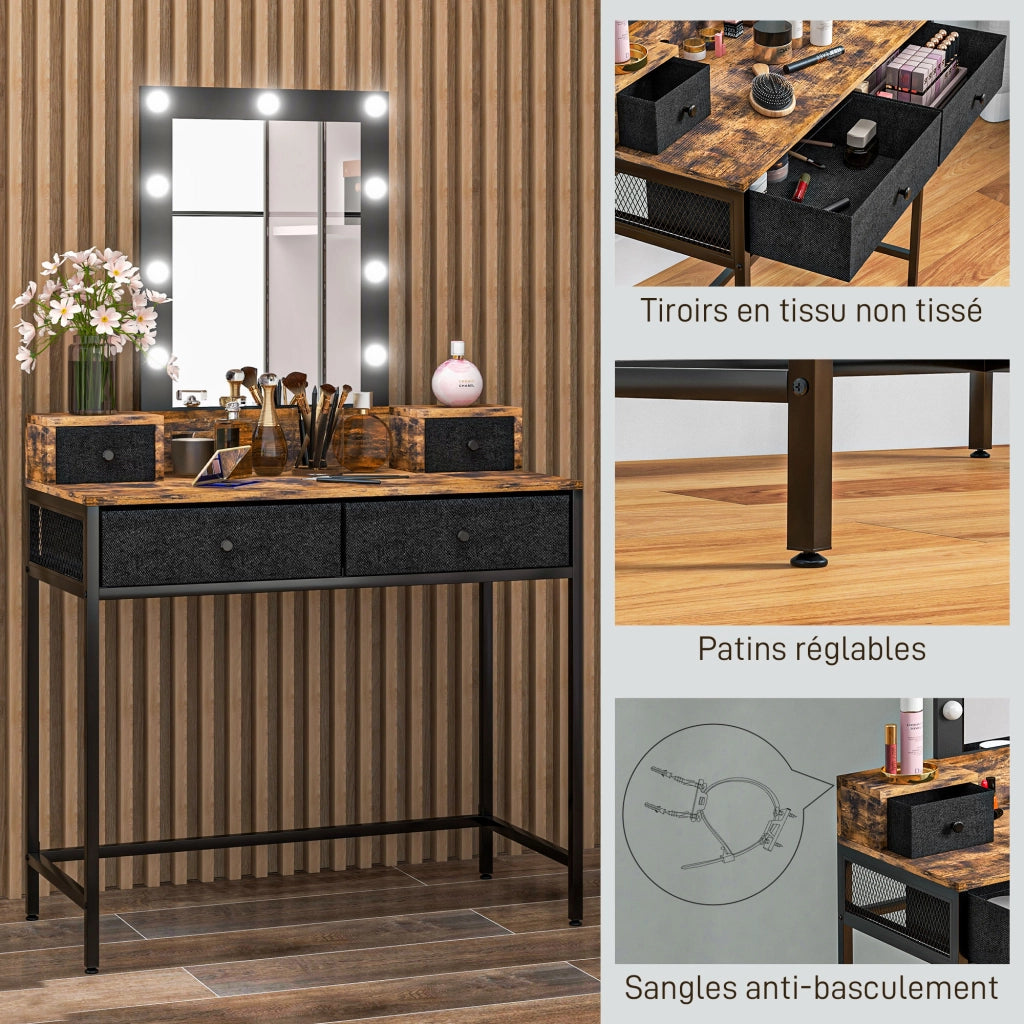 Toeletta con specchio LED regolabile ¨C Xylo ¨C 4 cassetti in tessuto, metallo nero, legno scuro