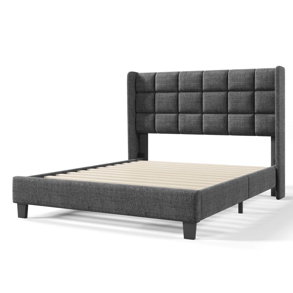Letto matrimoniale imbottito 140x200 cm in tessuto grigio con rete a doghe e testiera alta