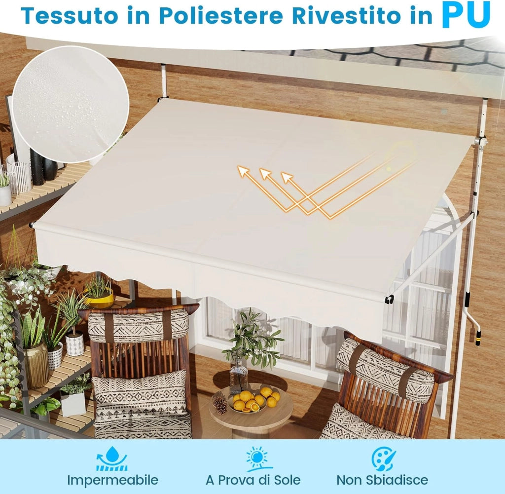 Tenda da Sole a Morsetto, Tenda per Balcone Senza Foratura Altezza e Inclinazione Regolabili con Manovella, Telo Impermeabile e Resistente ai Raggi Solari e Telaio Antiruggine (2M,Bianco)