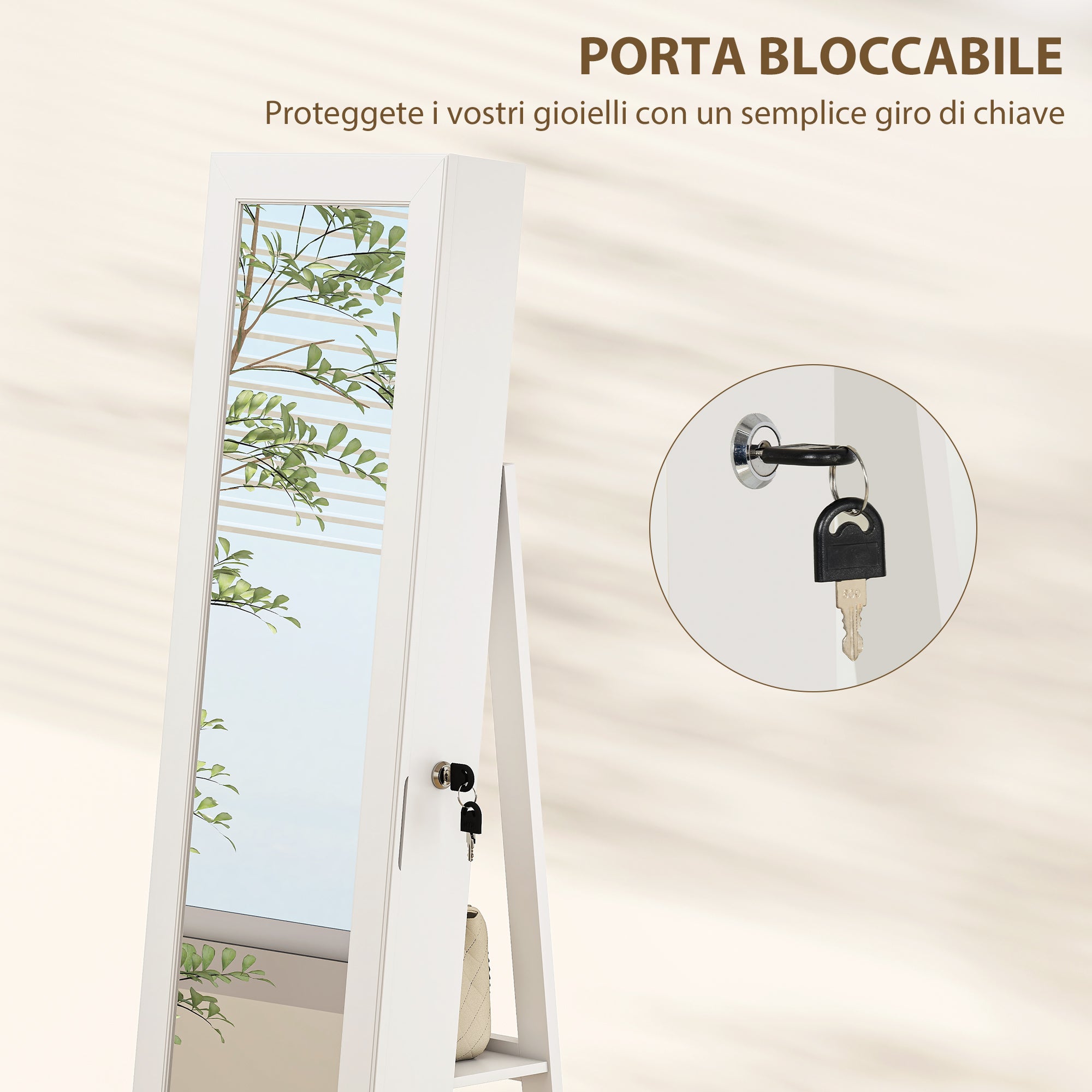 Specchio Portagioie 3 in 1 Girevole a 360° e Autoportante 55x55x161 cm in MDF Bianco