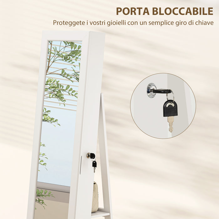 Specchio Portagioie 3 in 1 Girevole a 360° e Autoportante 55x55x161 cm in MDF Bianco