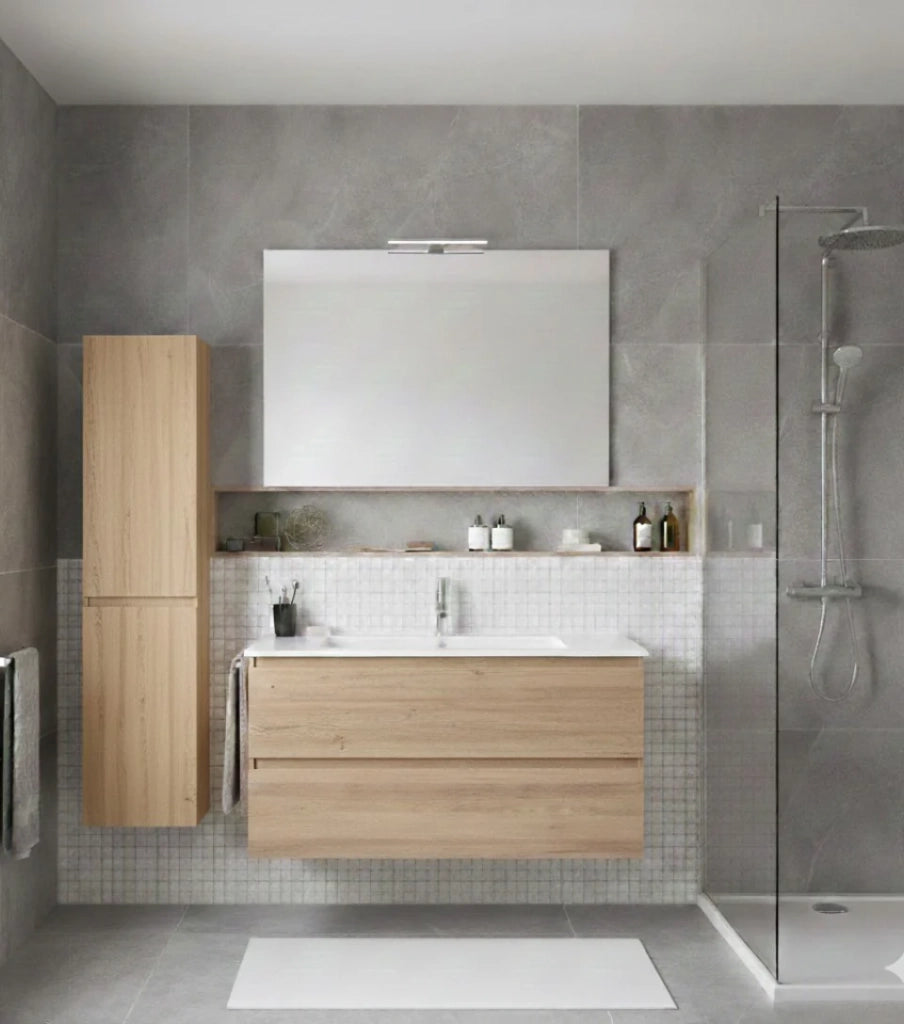 Mobile Bagno LOKI Già Montato 2 cassetti con piedini, lavabo e specchio Estepa 100x45 cm con colonna