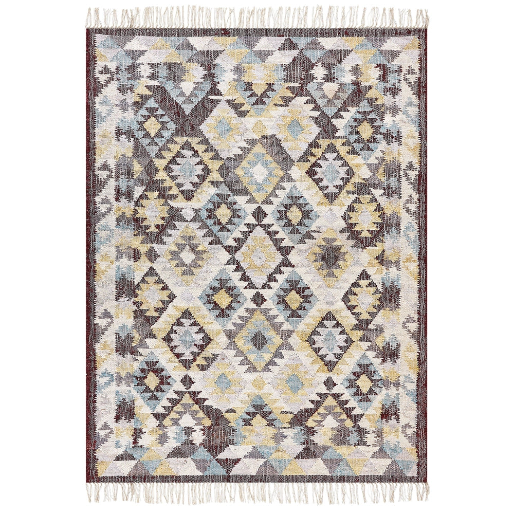 Tappeto in iuta rosso blu 160 x 230 cm realizzato a mano con nappe soggiorno camera da letto
