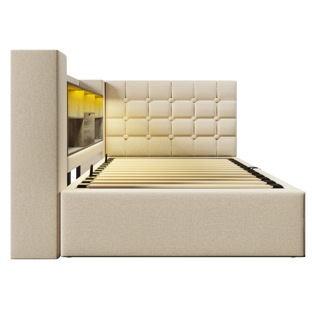 Letto singolo 90x200 cm con contenitore; LED; porte USB e Type-C; beige; con materasso