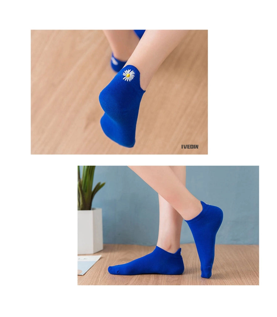 Calzini Bassi in Cotone per Donna e Bambina | Margherita Ricamata sul Tallone | Taglia Unica 35–40 EU