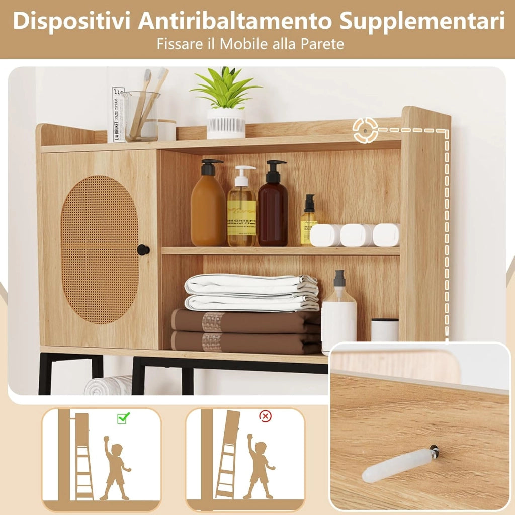 Scaffale Bagno 139cm sopra WC, Mobile Bagno Salvasapzio con Porta in Rattan PE, Ripiani di Stoccaggio Aperti e Supperto in Metallo, Organizzatore sopra Gabinetto, Nero e Marrone