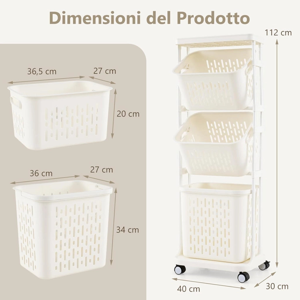 Carrello per Lavanderia a 3 Ripiani, Organizzatore per Bucato con 4 Ruote Girevoli e 3 Cestini, Carrello Sottile Multiuso per Bagno Lavanderia, 40 x 30 x 112 cm