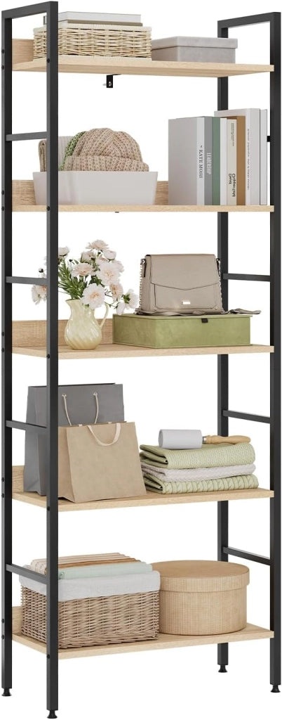 Libreria Scaffale a 5 Livelli, Libreria Verticale Struttura in Metallo per Soggiorno/Camera da Letto/Studio, 60x27,5x160cm,Bianco + Rovere chiaro