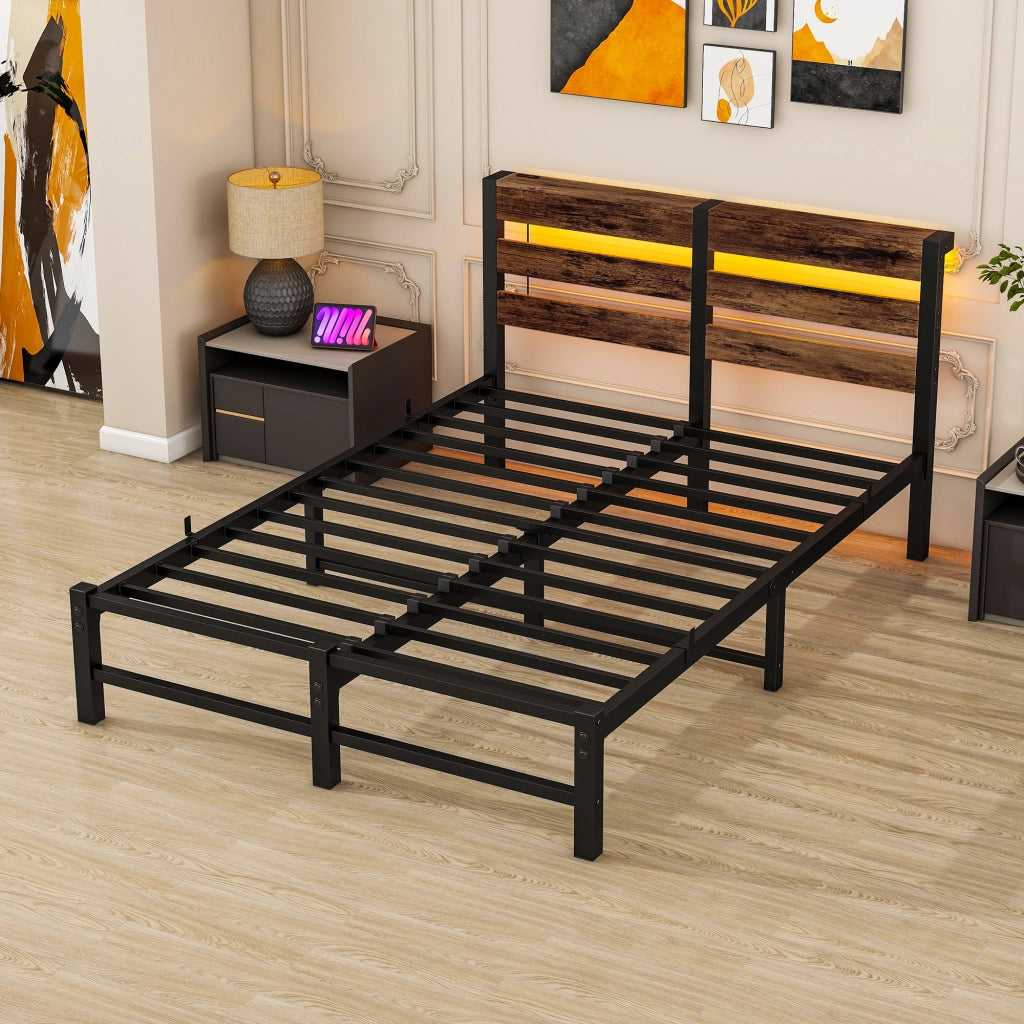 Letto una piazza e mezza 120×200 cm con LED; 2 USB e ripiano testiera; senza materasso; metallo e legno; nero marrone